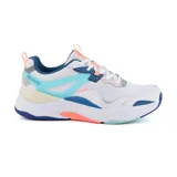 Championes Skechers Mira Big Praise, blancos con detalles en celeste, azul y naranja. Capellada de cuero, malla y material sintético con cordones. Plantilla acolchada Skechers Air-Cooled Memory Foam.