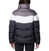 Campera puffer Columbia Puffect II con bloques de color gris, blanco y negro. Tiene aislamiento Thermarator™, tejido deperlante al agua, protector de mentón, bolsillos laterales con cremalleras y puños elásticos.