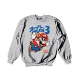 Buzo gris con estampado de Mario mapache volando y logo de Super Mario Bros 3.