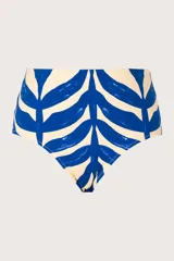 Calzón de bikini de talle alto con estampado de hojas azules y blancas.