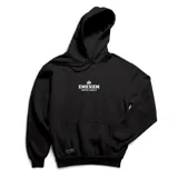 Canguro negro de algodón con capucha y bolsillo delantero. Estampado frontal con el logo de la marca "Emexem" y la frase "Coffee Addict".