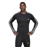 Remera de entrenamiento Adidas TechFit negra de manga larga con tres rayas blancas en los hombros y logo blanco en el pecho.