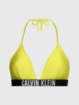 Top de bikini Calvin Klein color amarillo con textura acanalada y logo en la banda inferior.
