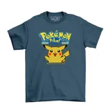 Remera azul con estampado pixelado de Pikachu y el logo de Pokémon.