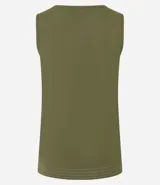 Musculosa verde oliva de piquet con escote en pico, breteles anchos, pequeñas aberturas laterales y bajos con pespuntes.