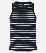Musculosa básica de rib con rayas horizontales en azul marino y blanco.