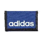 Billetera Adidas de tela azul con logo blanco y borde negro.