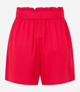 Short negro de lino y viscosa, con cintura elástica, cinturón tipo faja y bolsillos delanteros.