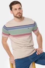 Remera de manga corta con diseño a rayas horizontales en tonos azul, verde, beige y rosa.