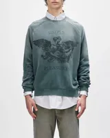 Buzo verde azulado de algodón con cuello redondo, mangas largas y puños acanalados. Estampa frontal de un ángel con el texto "SIMPLE PLEASURES".