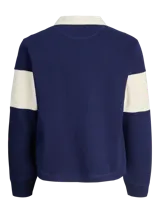 Buzo de manga larga con cuello tipo polo y fit relajado, en bloques de color azul marino y beige. Confeccionado en tejido de punto sin frisa, con interior de bucles, puños acanalados y logo bordado en el pecho.