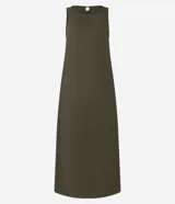 Vestido midi evasé sin mangas color verde musgo, confeccionado en tejido de lino y viscosa.