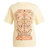 Remera Adidas de corte clásico, color crema con estampado de flores, jaguares y el logo de Adidas en color naranja.