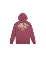 Buzo hoodie color borgoña con capucha, cordones ajustables y bolsillo tipo canguro. Estampa pequeña en el pecho con logo Deus Ex Machina.
