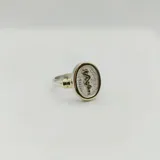 Anillo plateado con apliques dorados, con un dije ovalado con el símbolo de la medicina en dorado.