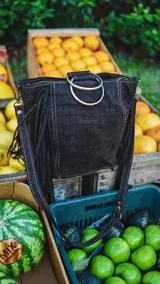 Cartera plateada con textura brillante y flecos laterales. Tiene un asa circular metálica y correa larga desmontable.