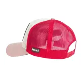 Gorra trucker unisex Capslab con visera curva color rosa, paneles frontales color crema con estampado de barcos y parche con el personaje Luffy de One Piece, y paneles traseros de rejilla color rojo.
