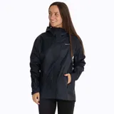 Campera impermeable Merrell Fallon para mujer, color azul marino. Fabricada con tejido elástico en 4 direcciones, capucha ajustable con visera, cierre frontal bidireccional, dos bolsillos laterales con broche y puños ajustables con velcro.