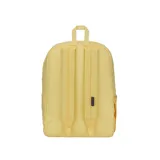 Mochila JanSport Superbreak Plus FX color amarillo con estampado de flor y texto.