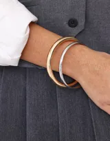 Set de dos pulseras rígidas de metal, una dorada y otra plateada.