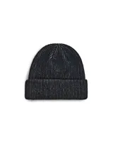 Gorro de lana negro con finas rayas horizontales grises y parche con el logo de Deus Ex Machina en el frente.