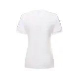 Remera blanca de algodón con cuello redondo y mangas cortas. Presenta las tres rayas características de Adidas en color negro a lo largo de las mangas y el logo de la marca bordado en el pecho.