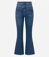 Pantalón de jeans azul, modelo flare cropped, con bolsillos y cintura con trabillas.