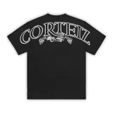Camiseta negra de algodón grueso con logo Alcatraz estampado en el pecho y logo Royale estampado en la espalda.