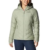 Campera puffer color salmón con capucha, cierre frontal y bolsillos laterales con cierre. Cuenta con tecnología termorreflectante Omni-Heat™ y puños con orificios para los pulgares.