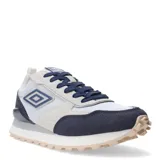 Championes Umbro Venturi, color blanco con detalles en azul marino y beige. Confeccionados en gamuza y materiales textiles, con cordones azules y suela de goma.