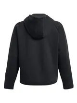 Campera deportiva Under Armour Unstoppable Fleece para mujer, color negro, con capucha, cierre frontal completo y detalles reflectantes.