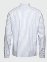 Camisa celeste y blanca a rayas verticales, de algodón, manga larga y corte slim fit.