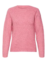 Suéter de punto rosa con cuello redondo y mangas largas.