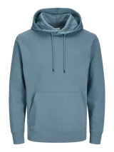 Canguro azul con capucha, de manga larga, con bolsillo tipo canguro y corte relajado.