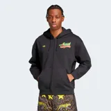 Campera con capucha y cierre frontal de la marca Adidas Originals. Color negro con logo de la marca bordado en dorado y estampado con diseño gráfico en el pecho. Corte regular y confeccionada en algodón.