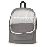 Mochila JanSport Superbreak Plus color gris, con logo de la marca en el frente, compartimento interno para laptop y bolsillo lateral para botella.