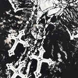 Remera negra de algodón con estampado frontal en blanco que incluye un cráneo con alas, cruces y detalles góticos. Corte oversize.