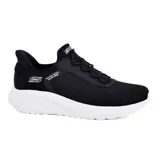 Championes deportivos Skechers Slip-Ins Bobs Squad Chaos Tough Walk, color negro con suela blanca. Diseño de calce fácil con cordones elásticos, capellada de malla y plantilla Memory Foam. Horma ancha (Wide Fit).