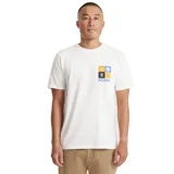 Remera blanca de manga corta con estampado en el pecho de cuatro cuadrados con diseños y el logo de la marca Roark. Corte clásico.