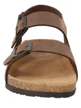 Sandalia de cuero color café con hebillas ajustables y suela de corcho, diseñada para un agarre óptimo.