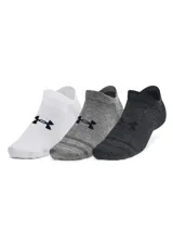 Pack de tres pares de medias Under Armour unisex, modelo Essential No Show, color gris con logo negro. Diseño ligero y transpirable con soporte en el arco del pie.