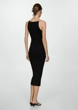 Vestido midi negro de algodón con elastano, corte ajustado, cuello halter y tirantes finos.
