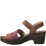 Sandalias de cuero con plataforma y taco de 6 cm. Tiras de cuero color marrón, naranja y amarillo.