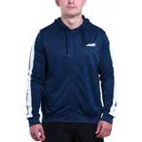 Campera deportiva azul marino con cierre frontal, capucha con cordón ajustable y mangas largas con franjas blancas.