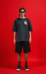Remera negra de manga corta con cuello redondo y calce oversize. Estampado frontal con Mickey Mouse en un diseño gráfico con detalles en naranja.
