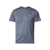 Remera gris jaspeado de manga corta, cuello redondo y logo de la marca Columbia estampado en el pecho.
