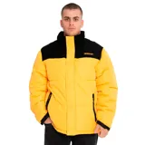 Campera puffer amarilla con cuello alto y parte superior en pana negra. Cuenta con cierre frontal con velcro, bolsillos laterales con cierre, puños ajustables con velcro y forro estampado con el logo de Caterpillar. Resistente al agua y con aislamiento reciclado.