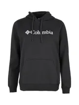 Buzo negro con capucha ajustable con cordón, bolsillo tipo canguro y logo de Columbia estampado en blanco en el pecho.