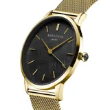 Reloj Rosefield modelo Pearl Edit RBGMG-R07, con caja dorada de acero de 36mm y esfera de nácar negro. La correa es de malla de acero inoxidable dorada.