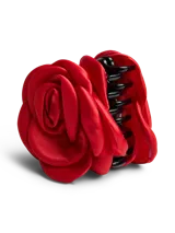 Pinza para el pelo con forma de clip, decorada con una rosa roja de tela satinada.